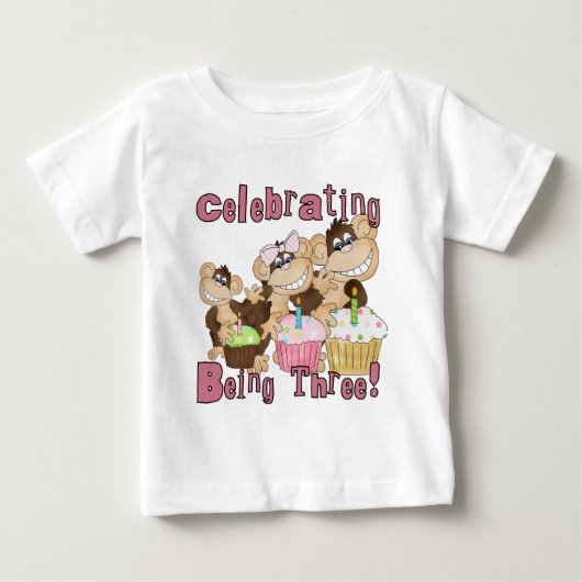 Roze Party Monkey 3e Verjaardag Tshirts en geschen (Voorkant)