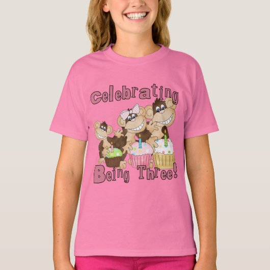 Roze Party Monkey 3e Verjaardag Tshirts en geschen (Voorkant)