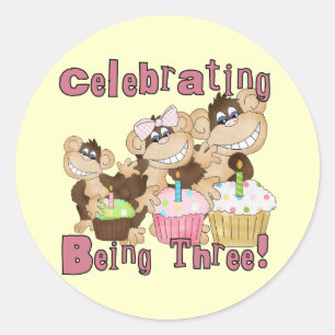 Roze Party Monkey 3e Verjaardag Tshirts en geschen Ronde Sticker