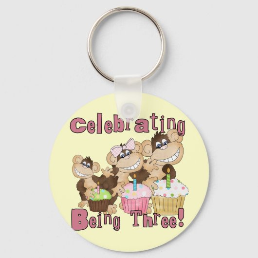Roze Party Monkey 3e Verjaardag Tshirts en geschen Sleutelhanger (Voorkant)