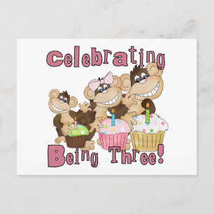 Roze Party Monkey 3e Verjaardag Tshirts en geschen Uitnodiging Briefkaart