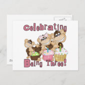 Roze Party Monkey 3e Verjaardag Tshirts en geschen Uitnodiging Briefkaart (Voorkant / Achterkant)