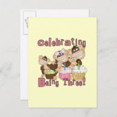 Roze Party Monkey 3e Verjaardag Tshirts en geschen Uitnodiging Briefkaart (Voorkant / Achterkant)