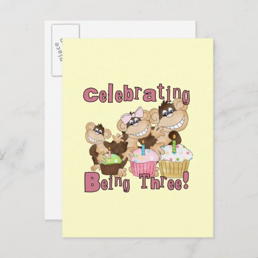 Roze Party Monkey 3e Verjaardag Tshirts en geschen Uitnodiging Briefkaart (Voorkant / Achterkant)