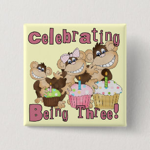 Roze Party Monkey 3e Verjaardag Tshirts en geschen Vierkante Button 5,1 Cm