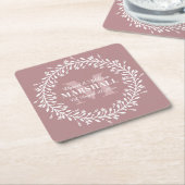 Roze Pas getrouwd Couple WreatMonogram Name Square Kartonnen Onderzetters (Schuin)
