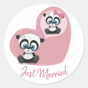 Roze Pas Getrouwd Panda Teddybeer Hart Trouwen Ronde Sticker
