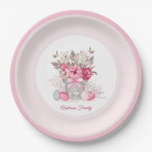 Roze Pasen Brunch Familienaam Bloemen Papieren Bordje (Voorkant)