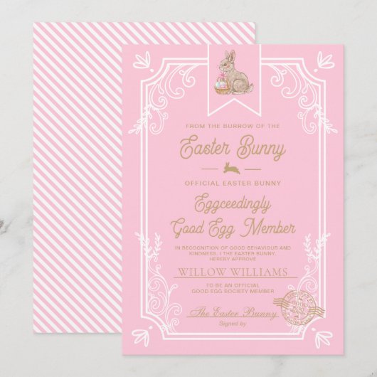 Roze Pasen Goed Ei Lid Certificaat Kaart (Voorkant / Achterkant)