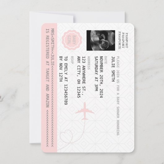 Roze paspoort reismeisje Baby shower Wereldkaart i Kaart (Achterkant)