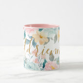 Roze pasta bloemen Waterverf Floral Naam toevoegen Mok (Midden)