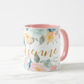 Roze pasta bloemen Waterverf Floral Naam toevoegen Mok (Voorkant rechts)