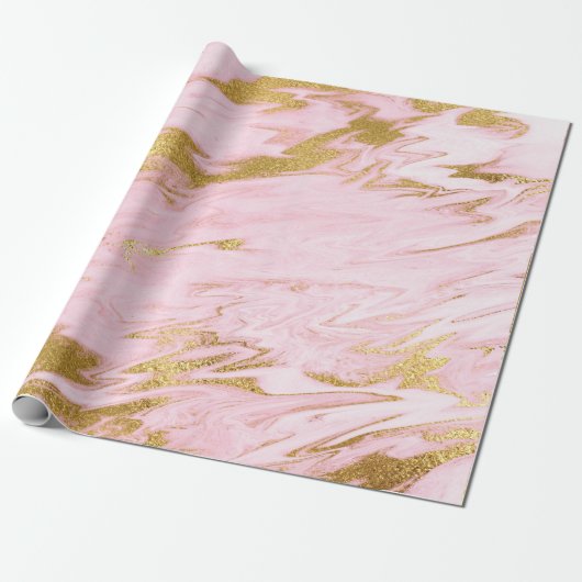 Roze pasta Marble Shiny Golden Brushes Cadeaupapier (Uitgerold)