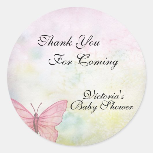 Roze pastaafvlinder Dank u Baby shower Ronde Sticker (Voorkant)