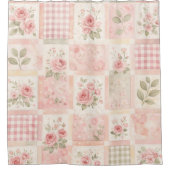 Roze Pastel Bloem- & Gingham Dekbed Patchwork Douchegordijn (Voorkant)