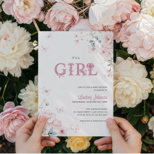 Roze Pastel Bloem It's A Girl Boog Baby Shower Kaart