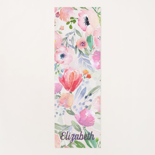 Roze pastel bloemen aquarel naam yogamat (Voorkant)