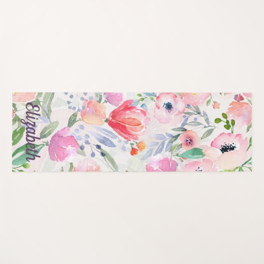 Roze pastel bloemen aquarel naam yogamat (Voorkant (horizontaal))