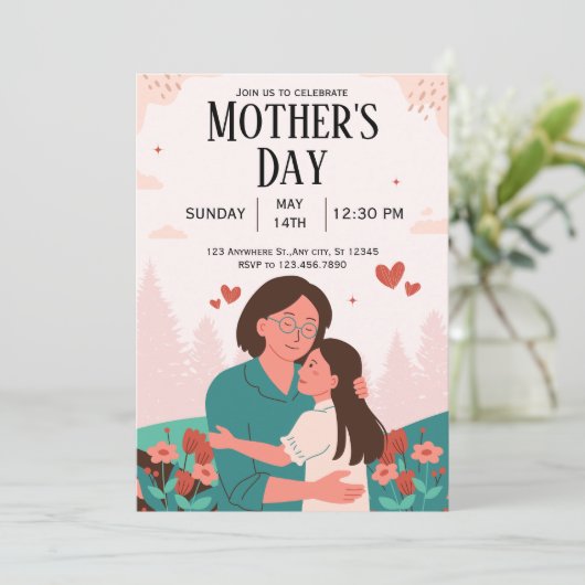 Roze Pastel Bloemen Moederdag Uitnodigen Kaart (Staand voorkant)