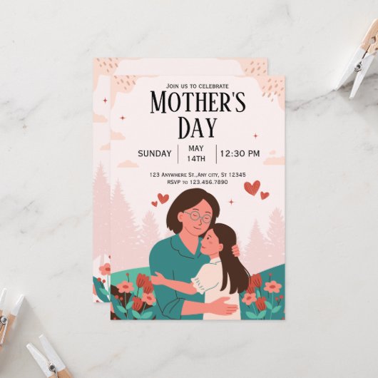 Roze Pastel Bloemen Moederdag Uitnodigen Kaart (Voorkant / Achterkant in situ)