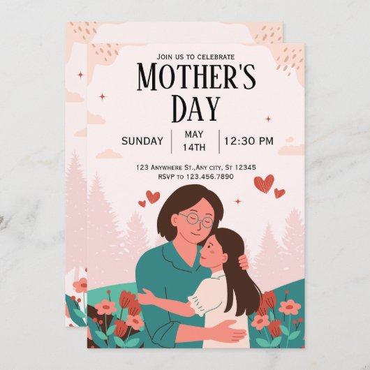 Roze Pastel Bloemen Moederdag Uitnodigen Kaart (Voorkant / Achterkant)
