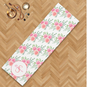 Roze pastel Bloemen Waterverf Naam Monogram Yogamat