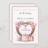 Roze Pastel Bloemenkrans Tweeling Eerste Verjaarda Kaart (Voorkant / Achterkant)