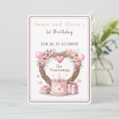 Roze Pastel Bloemenkrans Tweeling Eerste Verjaarda Kaart (Staand voorkant)