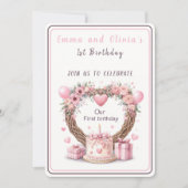 Roze Pastel Bloemenkrans Tweeling Eerste Verjaarda Kaart (Voorkant)