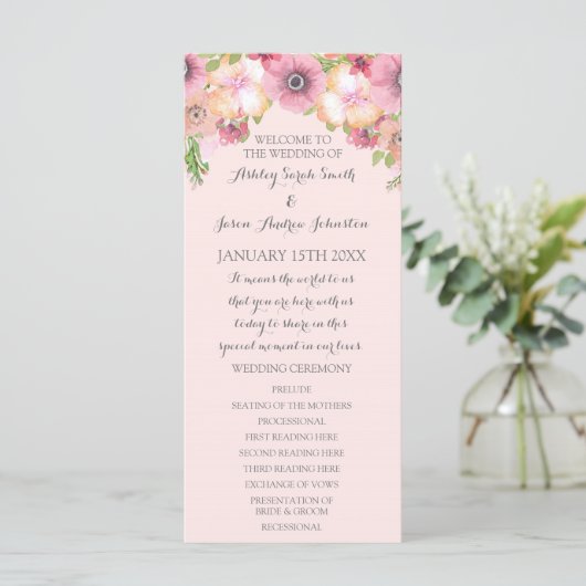 Roze Pastel Blush Bloemen Trouwprogramma Programmakaart (Staand voorkant)