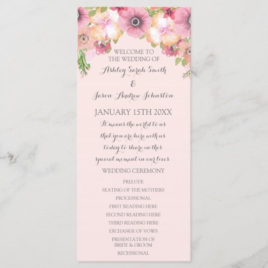 Roze Pastel Blush Bloemen Trouwprogramma Programmakaart (Voorkant)