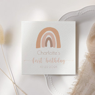 Roze pastel boho regenboogprik eerste verjaardag servet