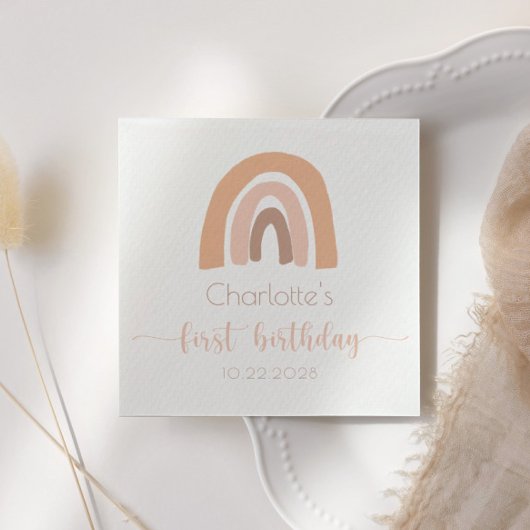 Roze pastel boho regenboogprik eerste verjaardag servet