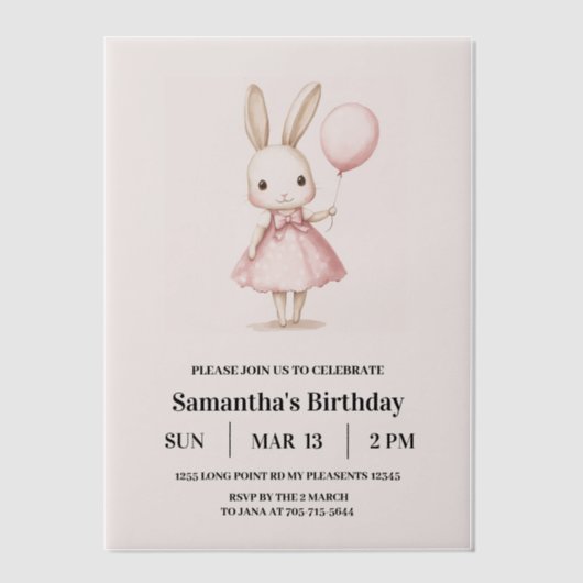 Roze Pastel Bunny Pasen Kids Verjaardag Vellum Uitnodigingen (Voorkant)