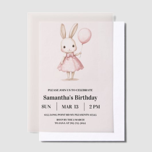 Roze Pastel Bunny Pasen Kids Verjaardag Vellum Uitnodigingen (Offset)