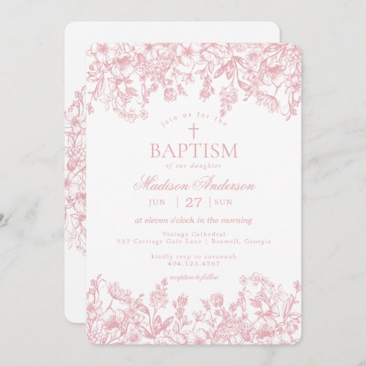 Roze Pastel Chinoiserie  Bloemendoop Kaart (Voorkant / Achterkant)