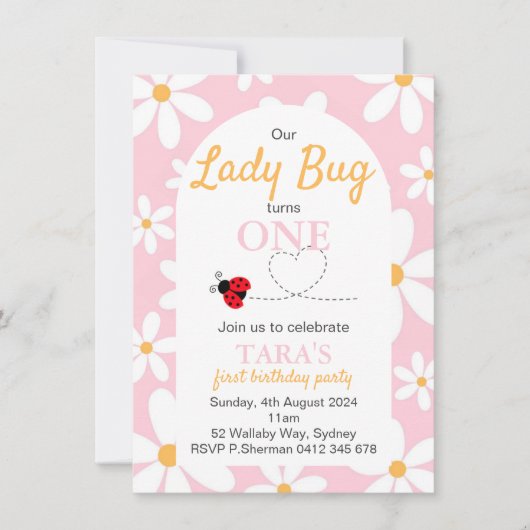 Roze Pastel Daisy Lady Bug Verjaardag uitnodiging (Voorkant)