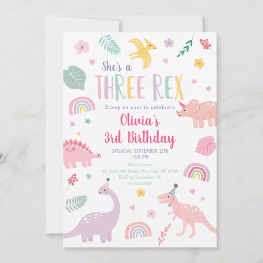 Roze Pastel Dinosaur Drie Rex Verjaardag Kaart (Voorkant)