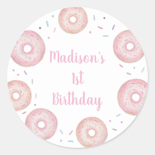 Roze pastel donut verjaardag ronde sticker (Voorkant)