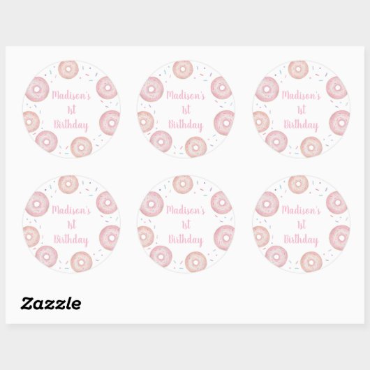 Roze pastel donut verjaardag ronde sticker (Vel)
