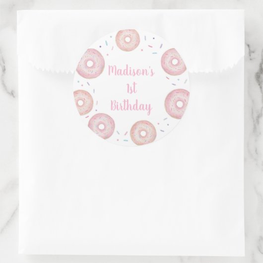 Roze pastel donut verjaardag ronde sticker (Tas)