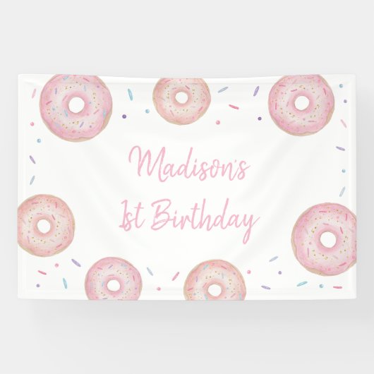 Roze pastel donut verjaardag spandoek (Horizontaal)