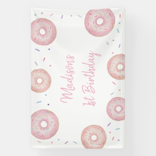 Roze pastel donut verjaardag spandoek (Verticaal)