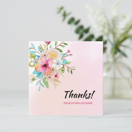 Roze Pastel Floral gepersonaliseerde noot Bedankkaart (Staand voorkant)