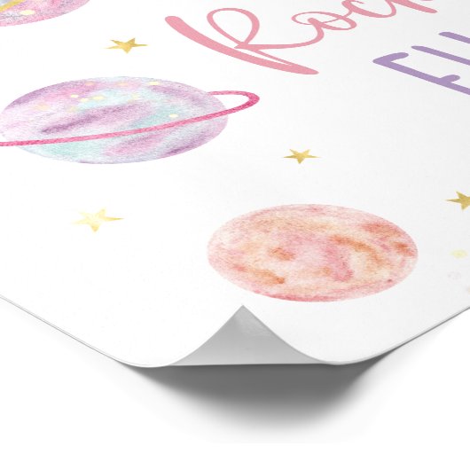 Roze Pastel Galaxy Space Raket Brandstof Verjaarda Poster (Hoek)