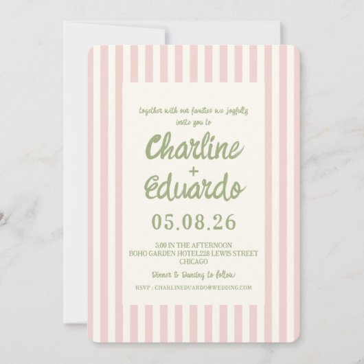 Roze pastel gestreepte grillige bruiloft uitnodigi kaart (Voorkant)
