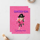 Roze Pastel Glitter  Piraat Meisje Briefkaart (Voorkant / Achterkant in situ)