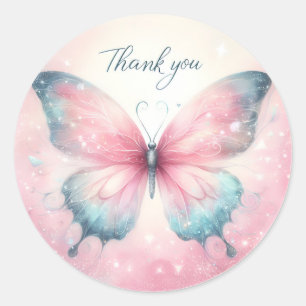 Roze Pastel Glitter Vlinder - Dank u - Ronde Sticker