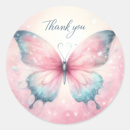 Roze Pastel Glitter Vlinder - Dank u - Ronde Sticker (Voorkant)