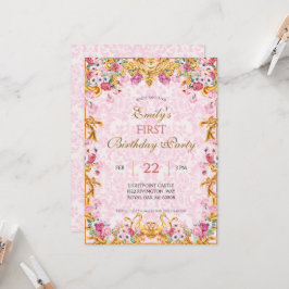 Roze pastel goud eerste barokke rococo verjaardag kaart